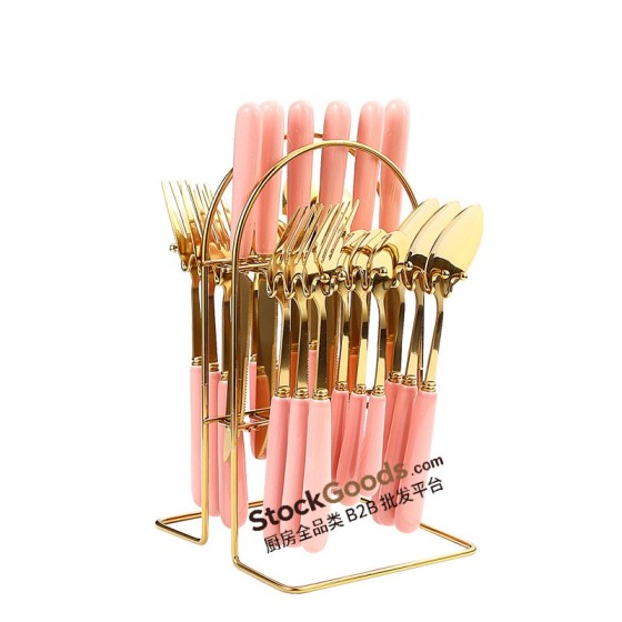 25 Pcs Gold Plated Hanging Flatware Set, Stainless Steel Knife Fork Spoon Cutlery with Colorful Ceramic Handles